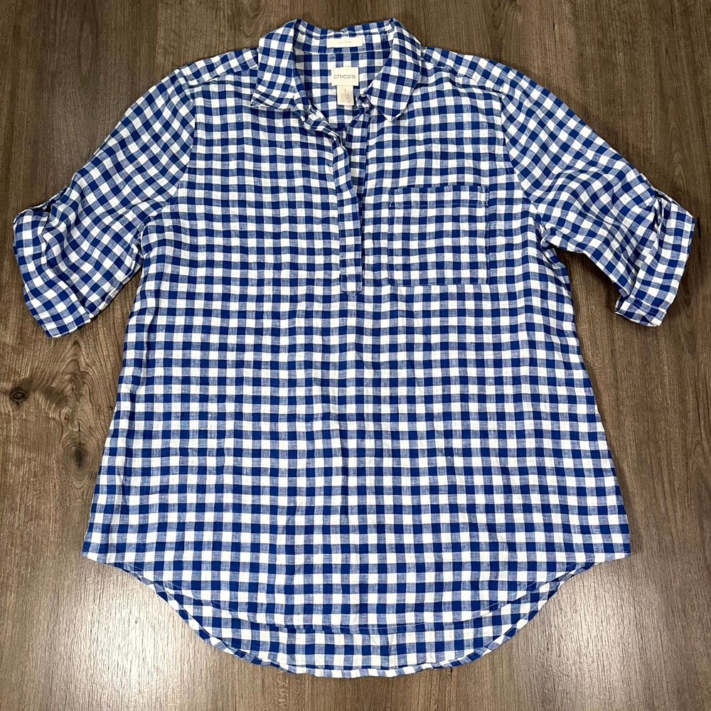 Chico's Blouse Popover Top Linen Blue Gingham No Iron  Chico's Size 1 US Medium